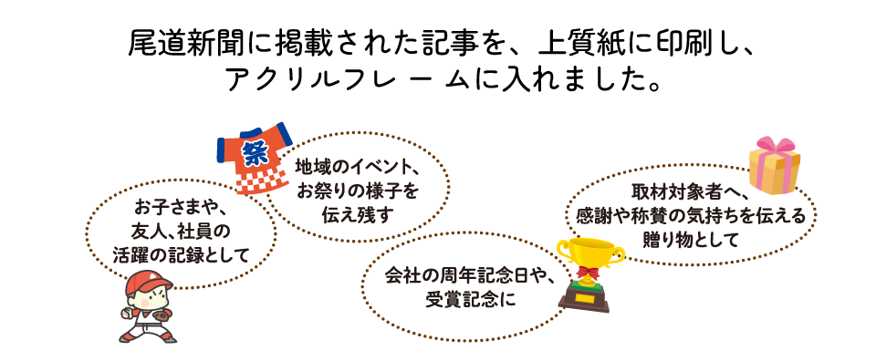 尾道新聞に掲載された記事を、上質紙に印刷し、アクリルフレームに入れました。